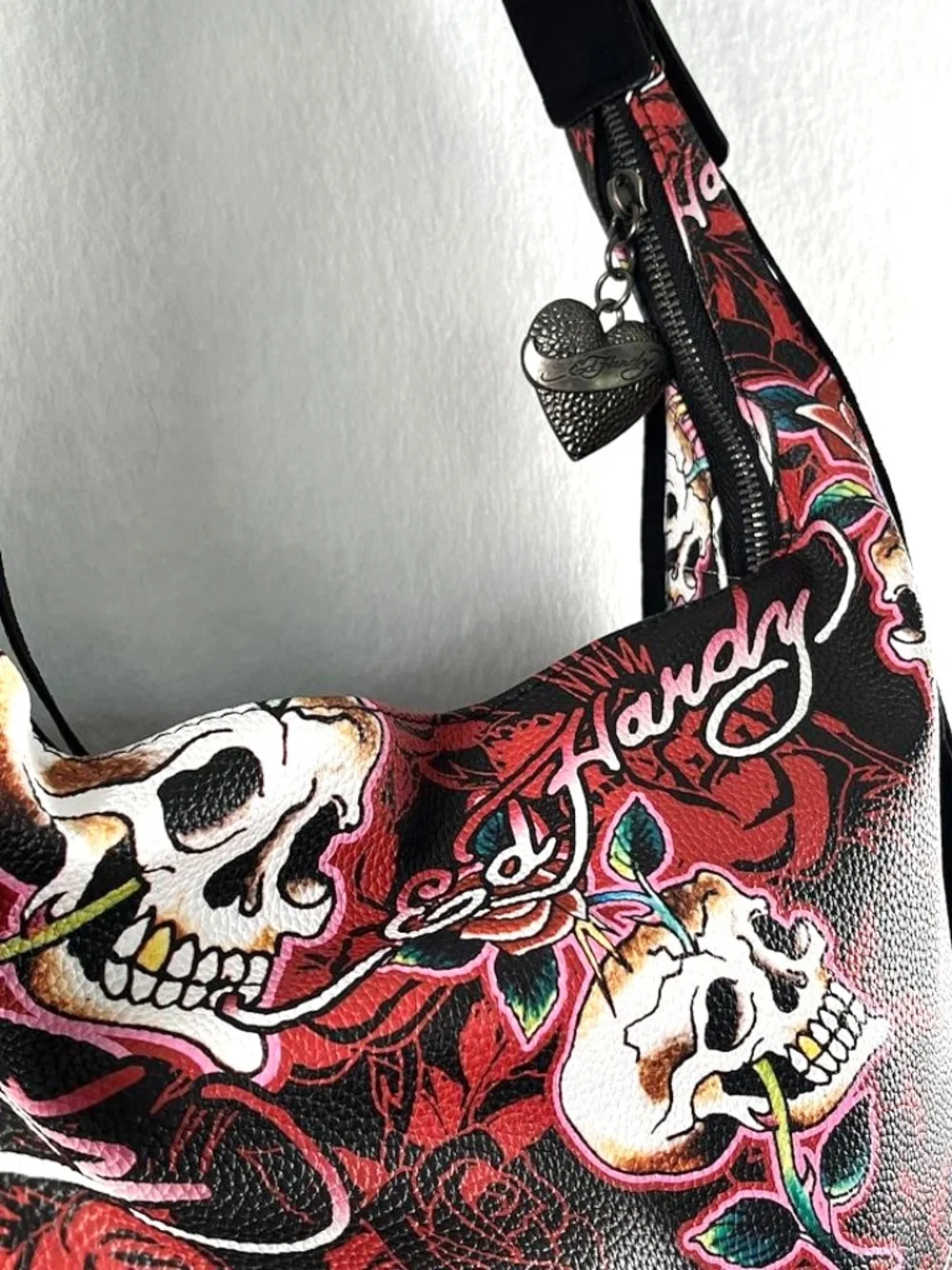NEW Ed Hardy Fringed Hobo Shoulder Bag - Skulls & Roses - Red Tattoo Logo